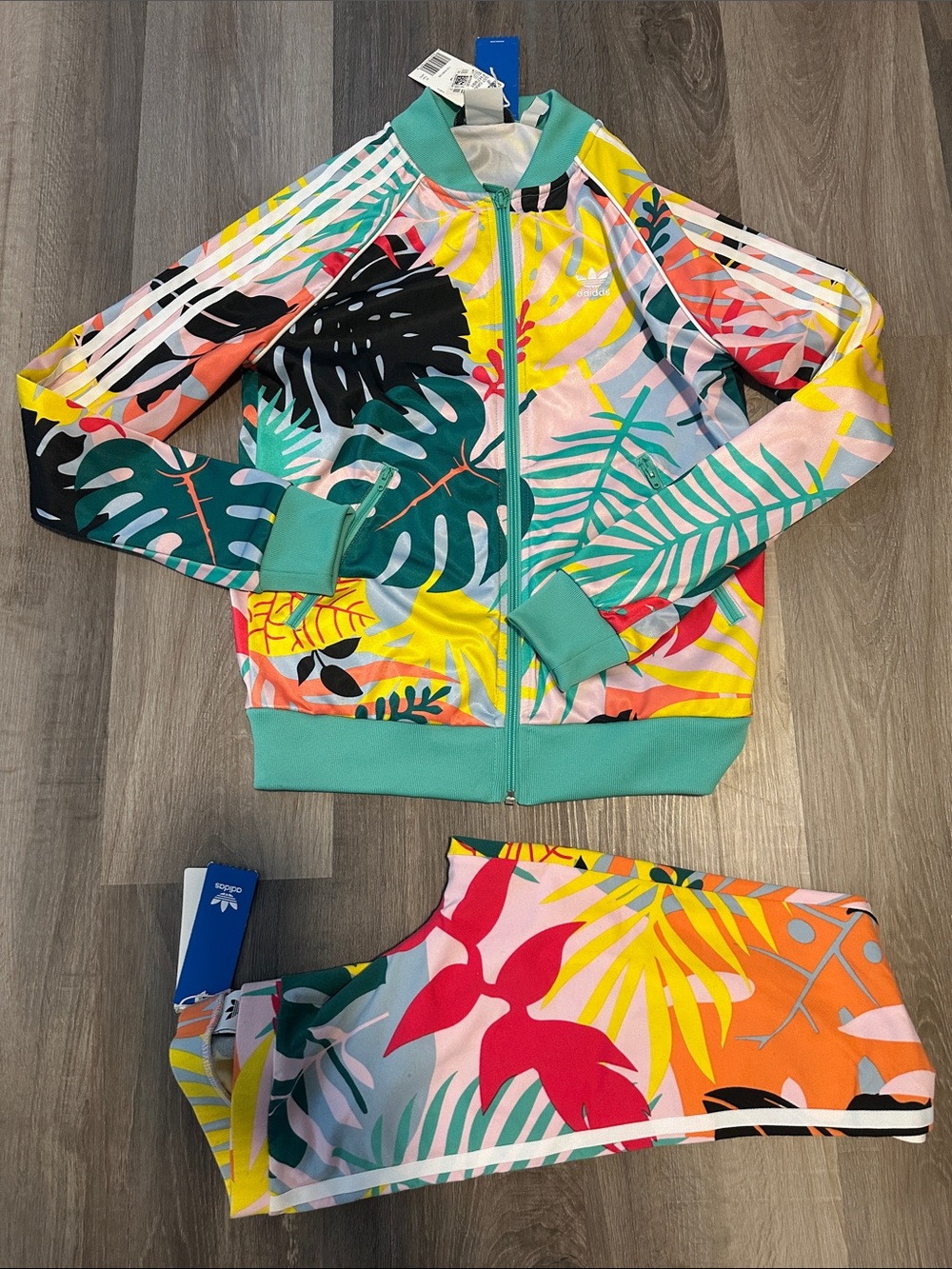 Adidas Womens Tropical Print Jacket and Leggings Set - Teal Multi